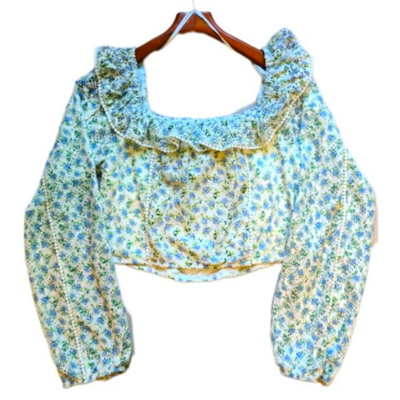 House of Harlow 1960 Tops - House of Harlow 1960 x Revolve Blue & White Baby Doll Crop Top with Long Sleeves